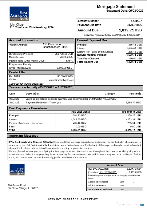 Download USA First America Bank mortgage statement in Word and PDF formats Photoshop template